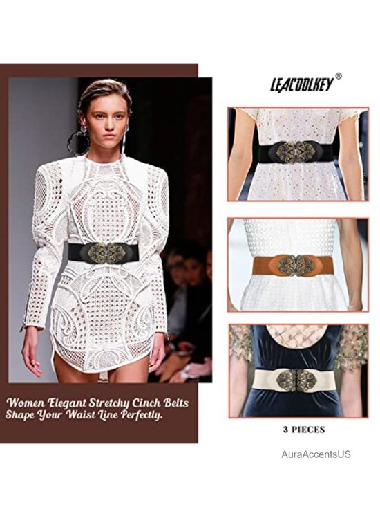 4 Pack Vintage Wide Waist Belts for Dresses, Elastic Cinch Belt with Retro